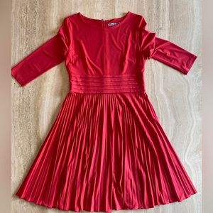 ELIZA J Coral color pleated dress. Three quarter sleeves. Size 8.
